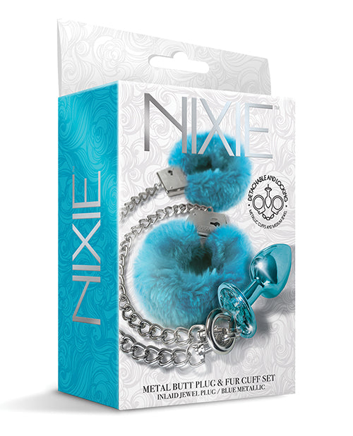 Nixie Metal Butt Plug w/Inlaid Jewel & Fur Cuff Set – Blue Metallic