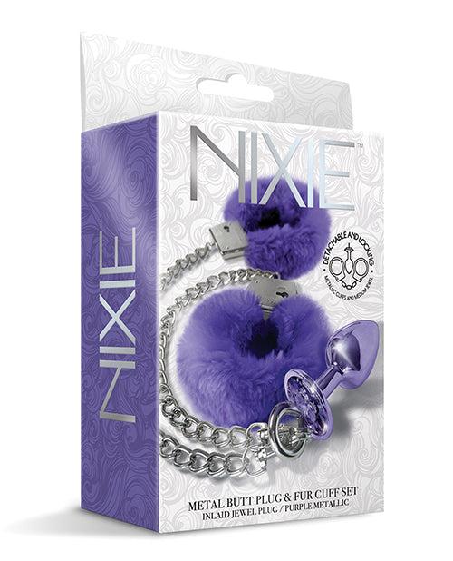 Nixie Metal Butt Plug w/Inlaid Jewel & Fur Cuff Set – Purple Metallic