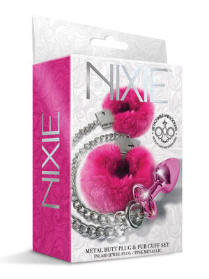 Nixie Metal Butt Plug w/Inlaid Jewel & Fur Cuff Set - Pink Metallic