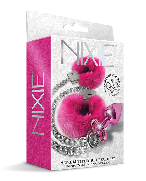 Nixie Metal Butt Plug w/Inlaid Jewel & Fur Cuff Set – Pink Metallic