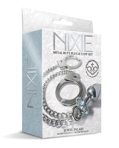 Nixie Metal Butt Plug w/Inlaid Jewel & Fur Cuff Set – Silver Metallic