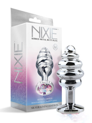 Nixie Honey Dipper Ribbed Metal Rainbow Jeweled Butt Plug - Medium