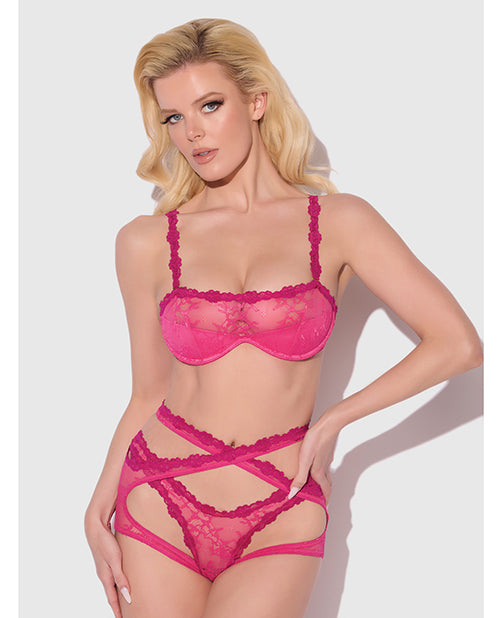 Yvone Lace Bra w/Removable Straps, Garter & Tanga Panty 3 pc Set – Pink MD