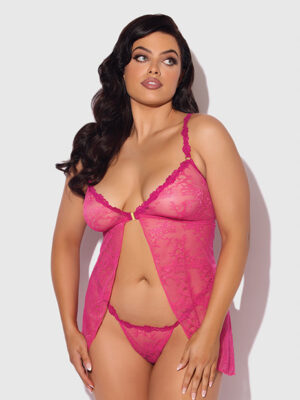 Yvone Lace Babydoll w/Front Closure & G-String 2 pc Set - Pink 1X/2X