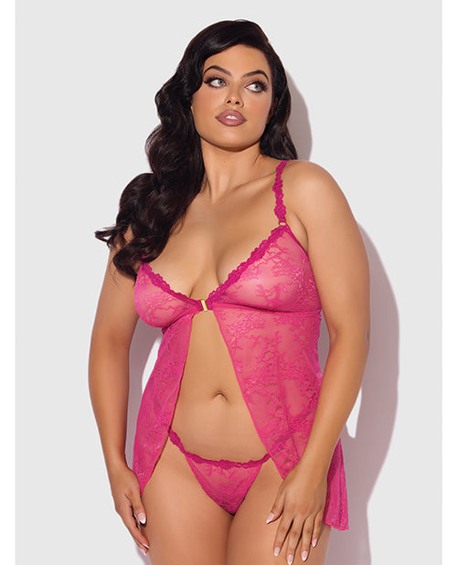 Yvone Lace Babydoll w/Front Closure & G-String 2 pc Set – Pink 3X/4X
