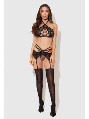 Felicia Mesh and Lace Bralette w/Garter & G-String 3 pc Set - Leopard XL