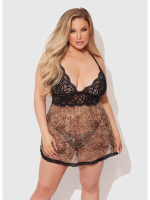 Felicia Mesh and Lace Babydoll w/G-String 2 pc Set - Leopard 1X/2X