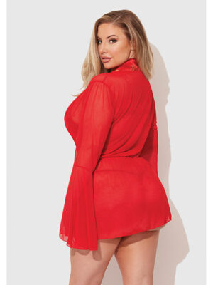 Dragon Sheer Mesh Robe w/Satin Triangle Top & G-String 3 pc Set - Red 1X/2X