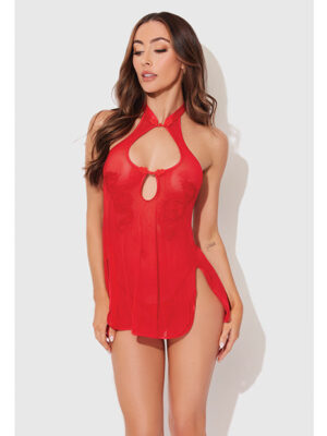 Dragon Mesh & Applique Chemise w/G-String 2 pc Set - Red SM