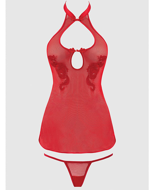 Dragon Mesh & Applique Chemise w/G-String 2 pc Set - Red XL - Image 3