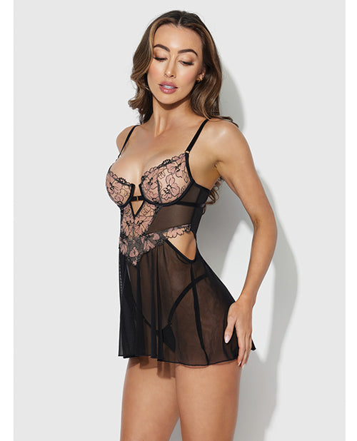 Nova Lace & Mesh Babydoll w/G-String 2 pc Set - Black SM