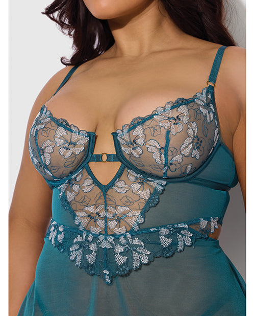 Nova Lace & Mesh Babydoll w/G-String 2 pc Set - Jade Blue 1X/2X - Image 2