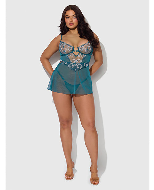 Nova Lace & Mesh Babydoll w/G-String 2 pc Set - Jade Blue 1X/2X - Image 4
