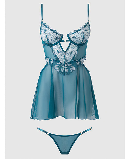 Nova Lace & Mesh Babydoll w/G-String 2 pc Set - Jade Blue 1X/2X - Image 5