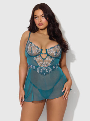 Nova Lace & Mesh Babydoll w/G-String 2 pc Set - Jade Blue 3X/4X