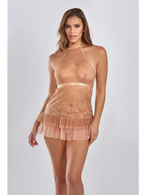 Amber Halter Lace Babydoll w/Tiered Pleated Mesh Skirt Hem & G-String Brown SM