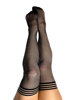 Kix'ies Angelica Fishnet Rhinestone Thigh High Black D