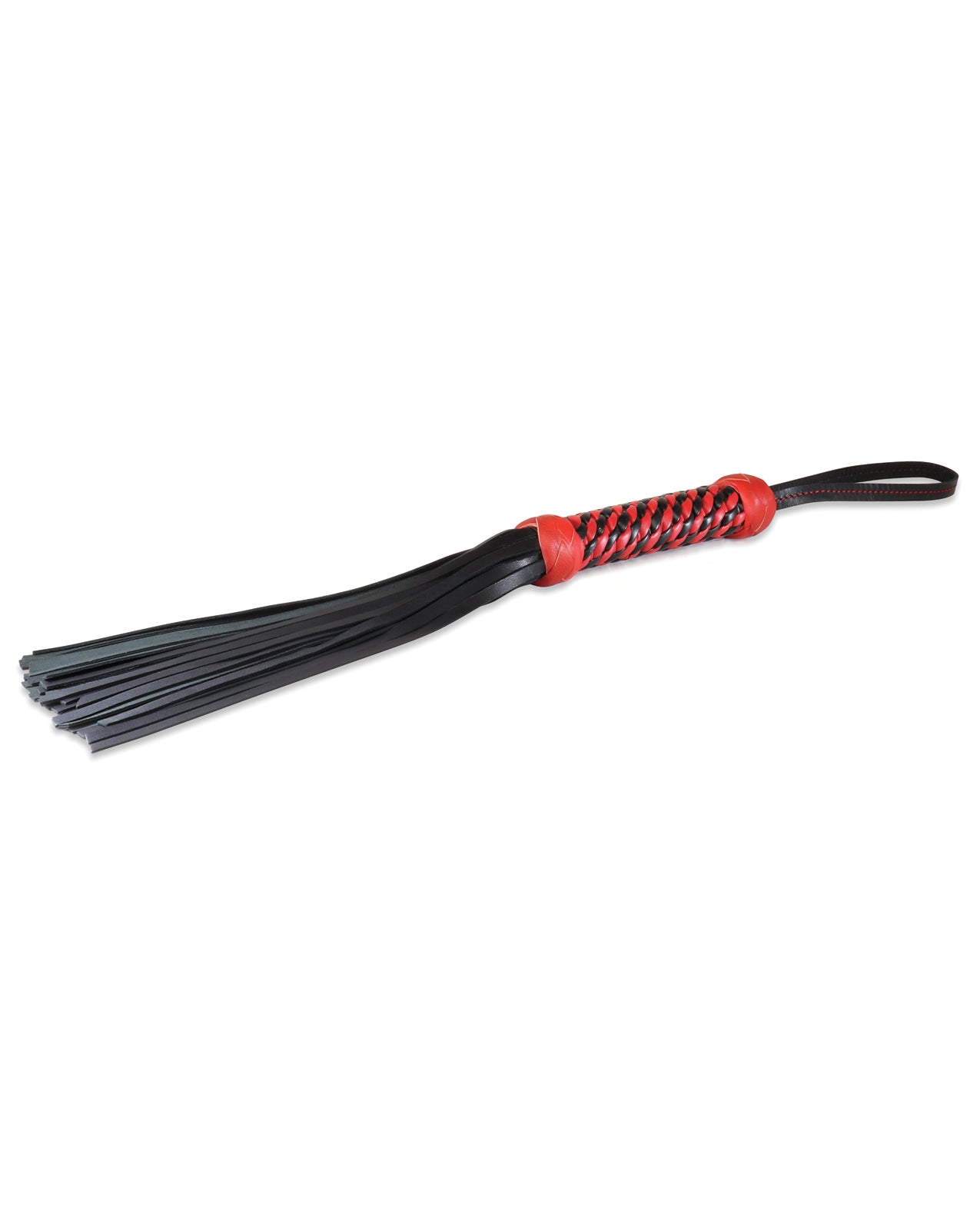 Sultra 16″ Lambskin Twisted Grip Flogger – Black w/Red Woven Handle