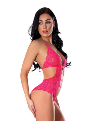 Get It Girl Lace Halter Teddy w/Snap Crotch - Pink L/XL