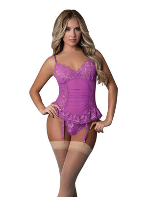 Butterfly Fantasies Gathered Corset w/Cheeky Panty & Attached Garters 2 pc Set - Neon Purple L/XL