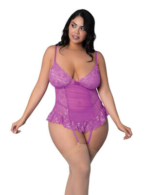 Butterfly Fantasies Gathered Corset w/Cheeky Panty & Attached Garters 2 pc Set - Neon Purple QN