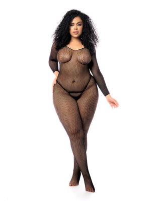 Long Sleeved All Over Fishnet Body Stocking Black QN