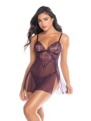Lace and Mesh Baby Doll w/Thong - Mulberry MD