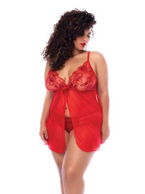 Sequin Embellished Babydoll w/G-String - Red 3X/4X