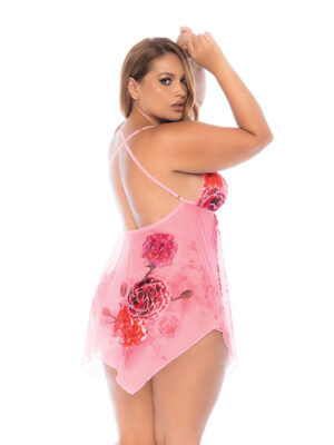 Floral Printed Mesh Babydoll w/Convertible Straps & G-String 2 pc Set - Pink 3X/4X