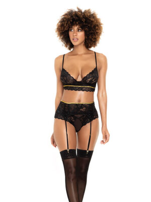 Lace Underwire Bra, Thong & Garterbelt w/Lace Up Detail Black S/M