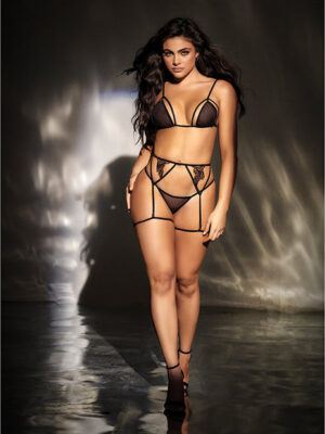 Mesh Top w/Adjustable Coverage, Garter Belt & Thong Black S/M