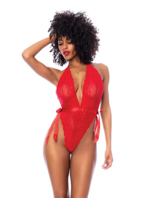 Lace Deep-V Halter Teddy w/Hook and Eye Crotch Closure - Red S/M