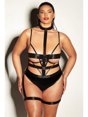 FETISH Lethal Underwire Peek A Boo Vinyl Teddy w/Choker Black 2X