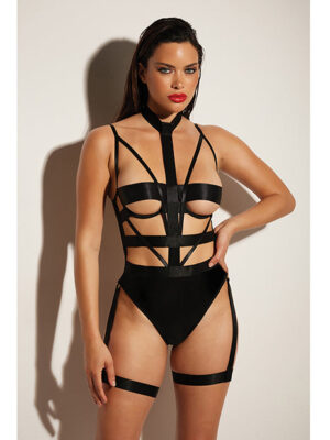 FETISH Lethal Underwire Peek A Boo Vinyl Teddy w/Choker Black LG