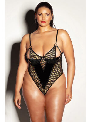 FETISH Frisky Fishnet & Vinyl Shelf Cup Peek A Boo Teddy Black 1X