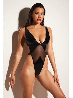 FETISH Limitless Soft Cup High Leg Vinyl & Mesh Teddy Black 1X/2X