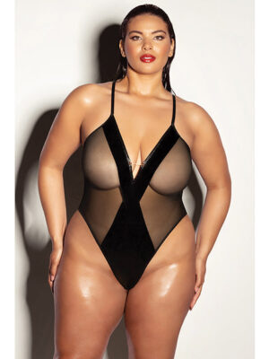 FETISH Finesse Soft Cup Vinyl & Mesh Teddy w/Barbell Black 1X/2X