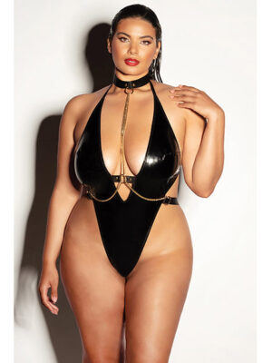 FETISH Submissive V-Plunge Vinyl Teddy w/Removable Chain Harness & Hand Cuff Black 1X/2X