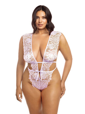 Imani Eyelash Lace Soft Cup High Leg Teddy Pink Tulle 1X/2X