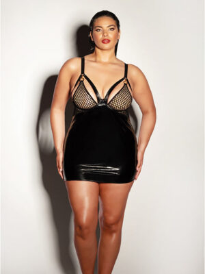 FETISH Excitement Fishnet & Vinyl Fitted Babydoll w/D-Ring & Metal Clasp Black 1X