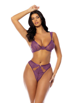 Evrice Lace and Mesh Underwire Bra w/Thong - Purple L/XL