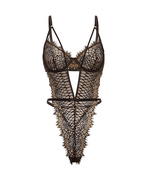 Greta Snake Eyelash Lace Teddy - Black/Gold LG - Image 5