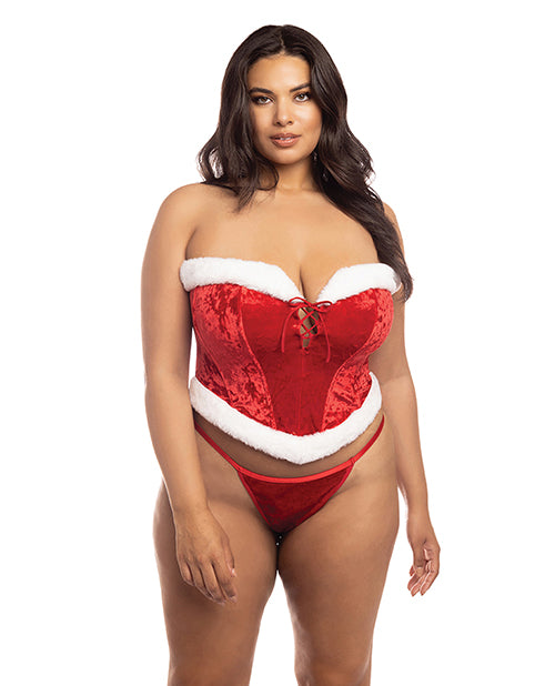 Holiday Santa’s Entourage Boned Velvet Bustier w/Marabou Trim & G-String Red/White 1X/2X