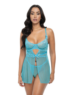 Emma Floral Lace & Mesh Underwire Babydoll w/G-String 2 pc Set - Beach Blue MD