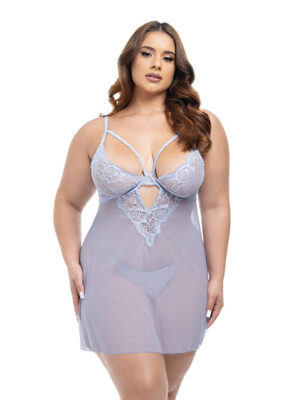 Elsie Lace & Mesh Underwire Babydoll w/G-String 2 pc Set - Brunnera Blue 1X/2X