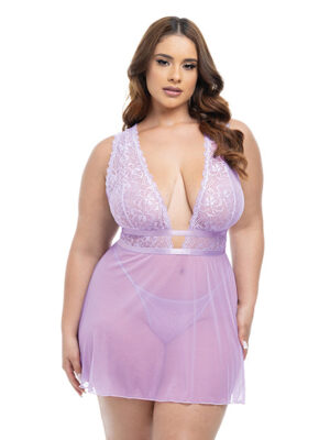 Stassi Lace & Mesh Babydoll w/G-String 2 pc Set - Lavender 1X/2X