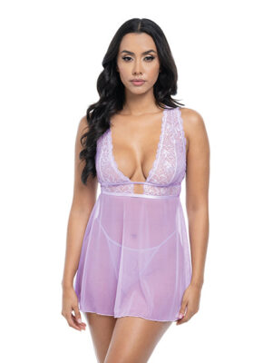 Stassi Lace & Mesh Babydoll w/G-String 2 pc Set - Lavender L/XL