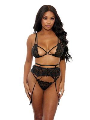 Eyelash Lace Bra, High Waist Garter Belt & G-String Black LG