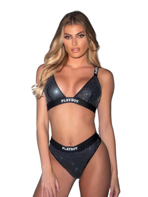 Playboy Disco Fever Rhinestone Bralette w/Thong 2 pc Set - Black LG