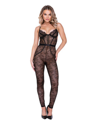 Chantilly Stretch Lace Sleeveless Catsuit w/Satin Trim Black XL